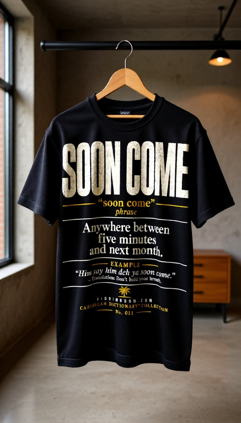 Soon Come Caribbean Dictionary t-shirt, lifestyle photo