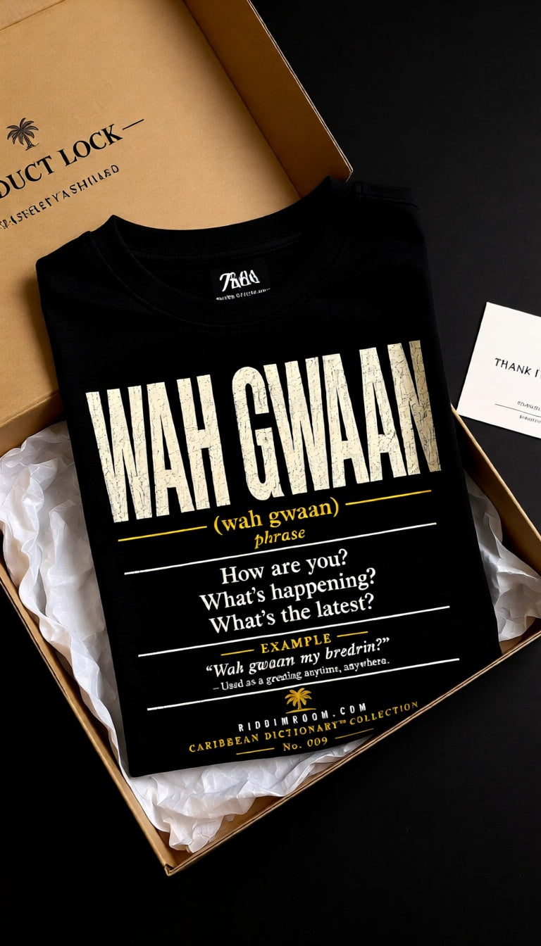 Wah Gwaan Caribbean Dictionary t-shirt, lifestyle photo