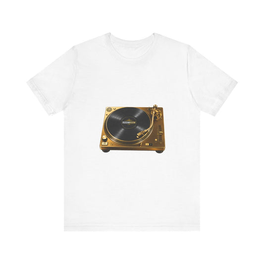Gold Turntable RiddimRoom T-Shirt — front view, black tee with gold turntable graphic