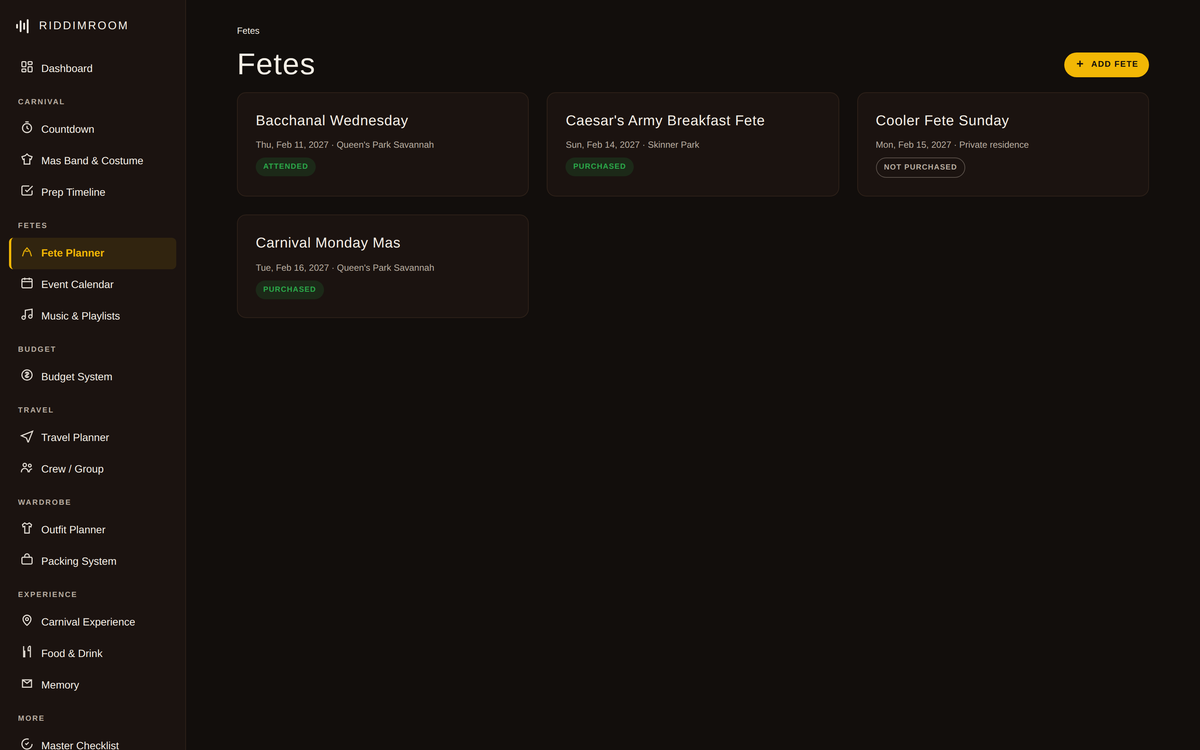 Fete planner screen listing carnival fetes with dates, venues, and ticket status
