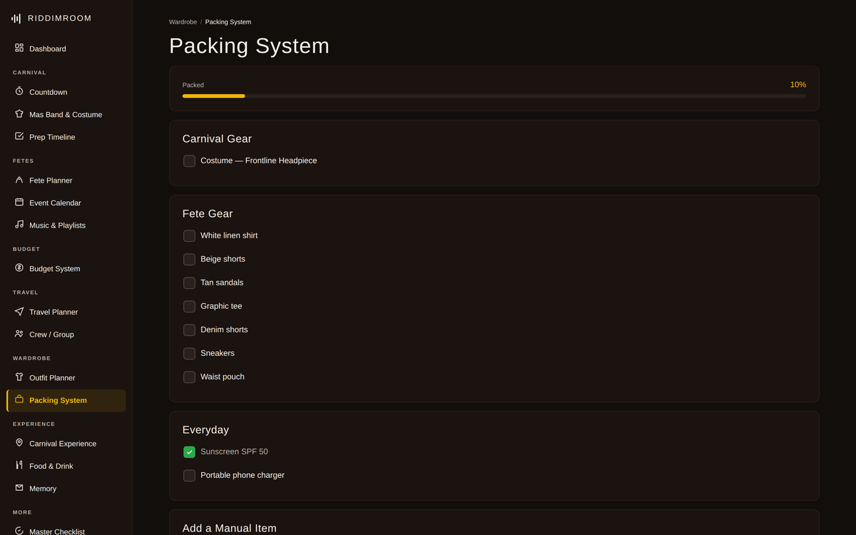 Carnival packing list auto-built from costume and outfit entries, organized by category