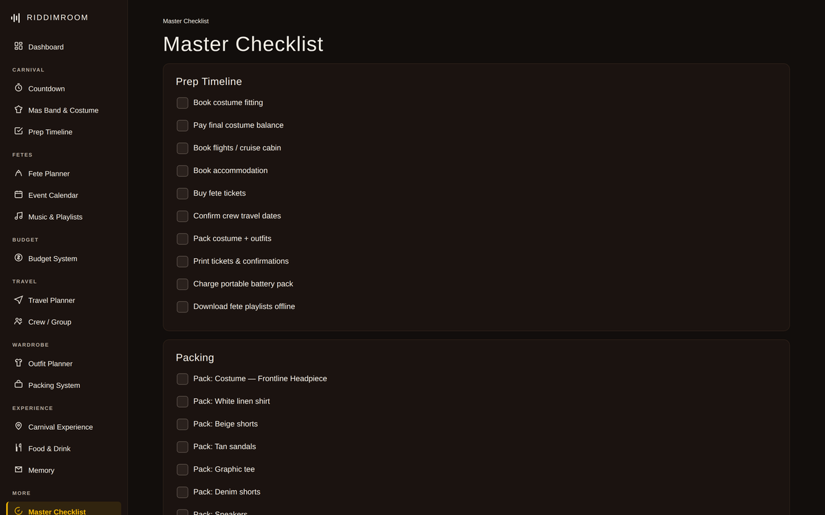 Master checklist aggregating prep and packing tasks across the whole carnival trip