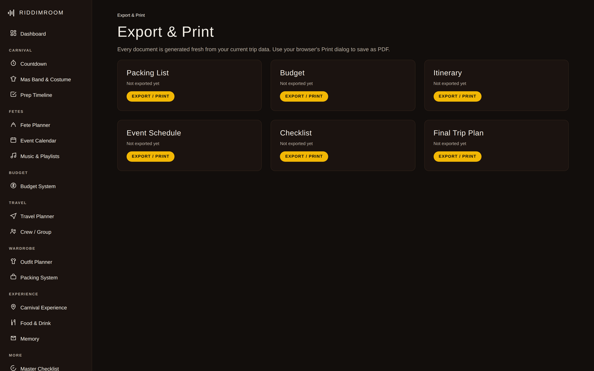 Export and print screen for generating a packing list, budget, itinerary, schedule, checklist, and final trip plan as PDF